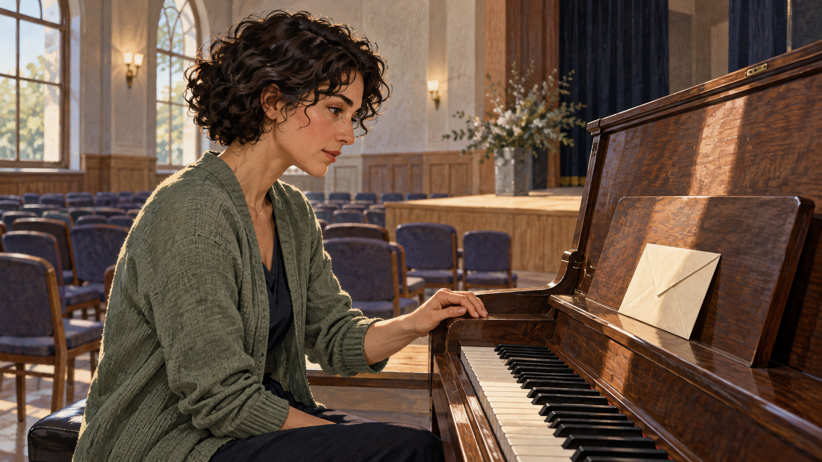 A woman in a sage cardigan sitting at a piano, looking at a closed cream envelope on its music stand.