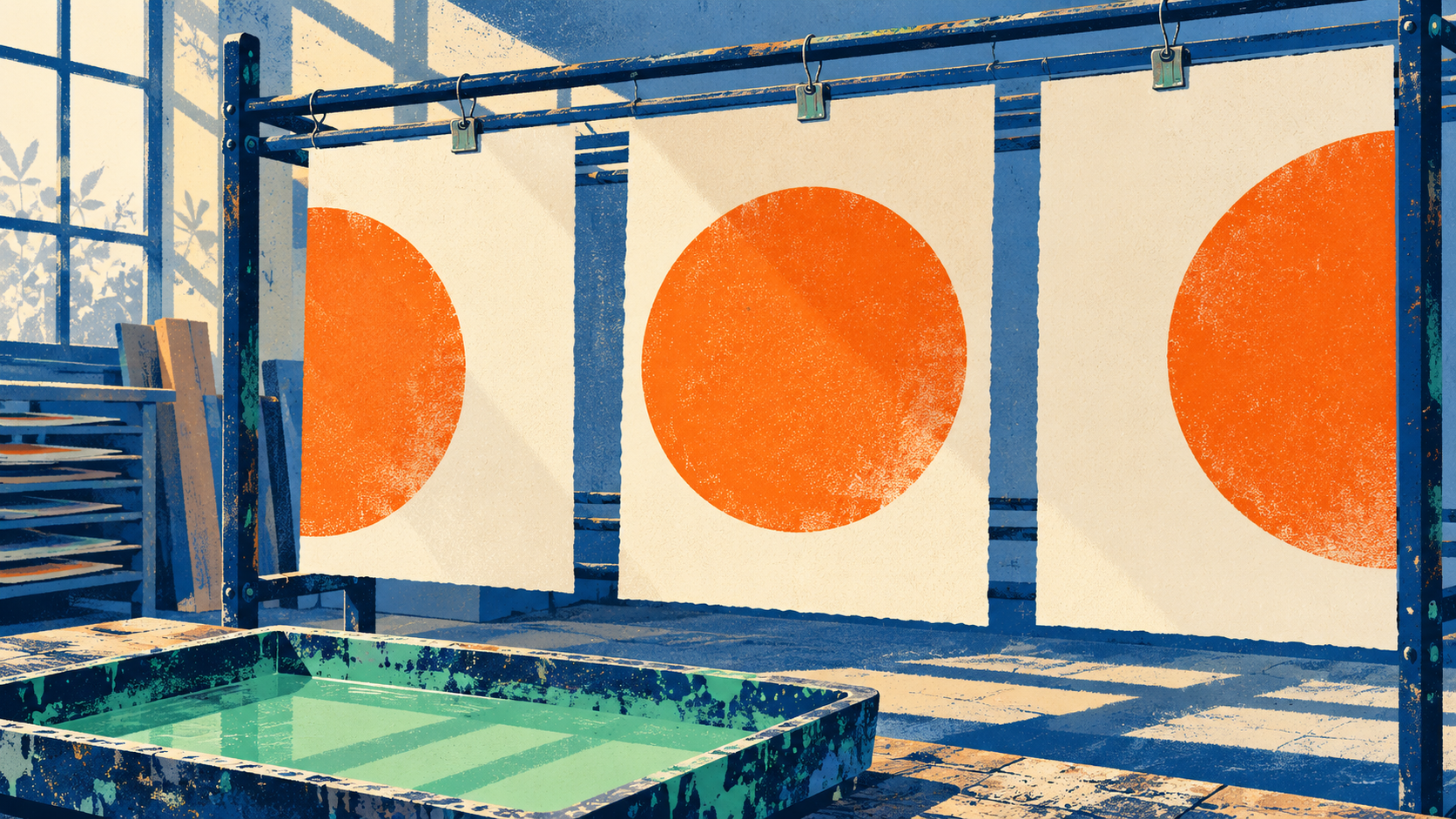 Three cream prints bearing orange circles hang from clips above a mint-coloured tray in a print workshop.