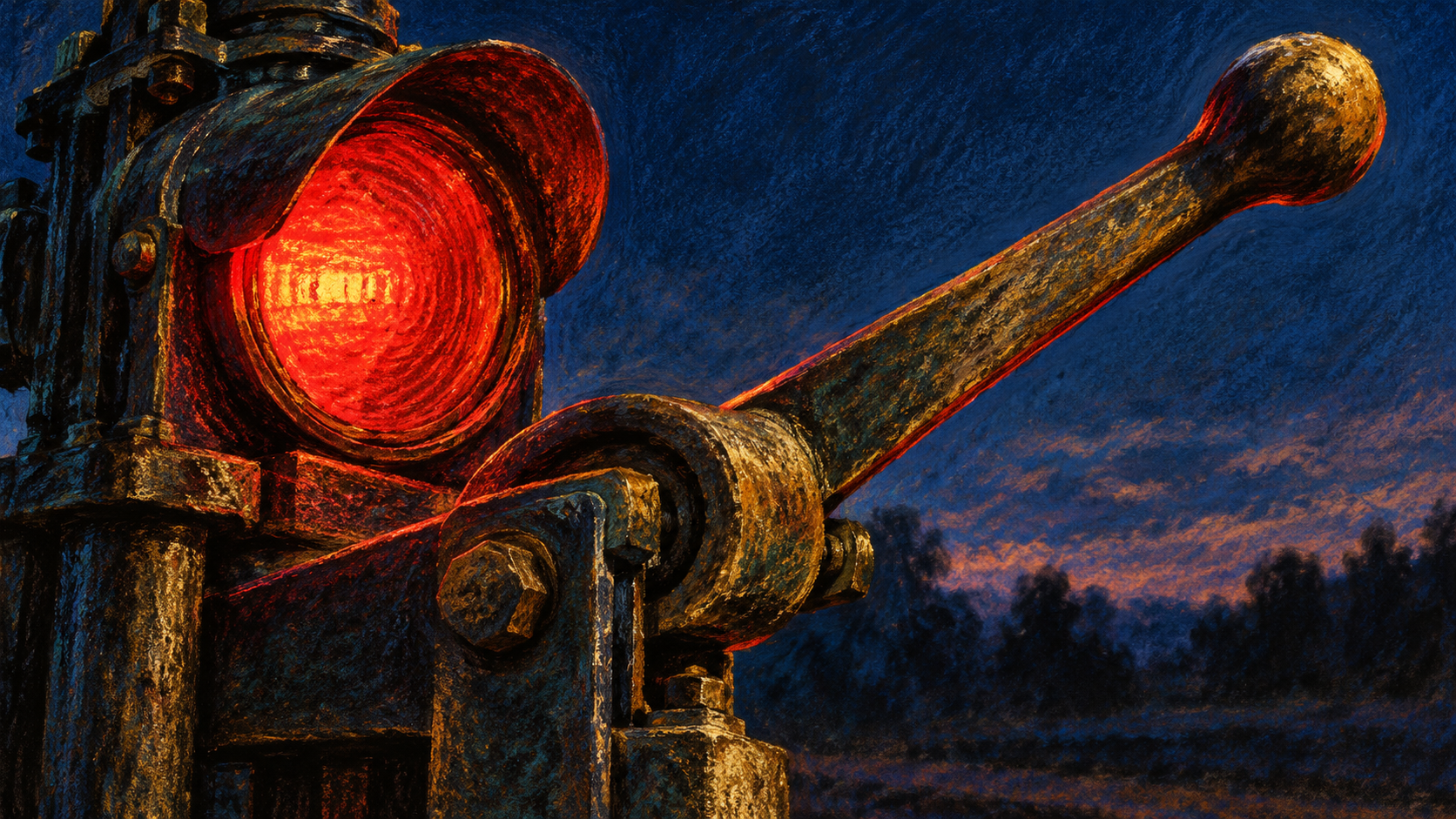 A close view of a brass railway signal lever beside a red lamp against a dark blue background.