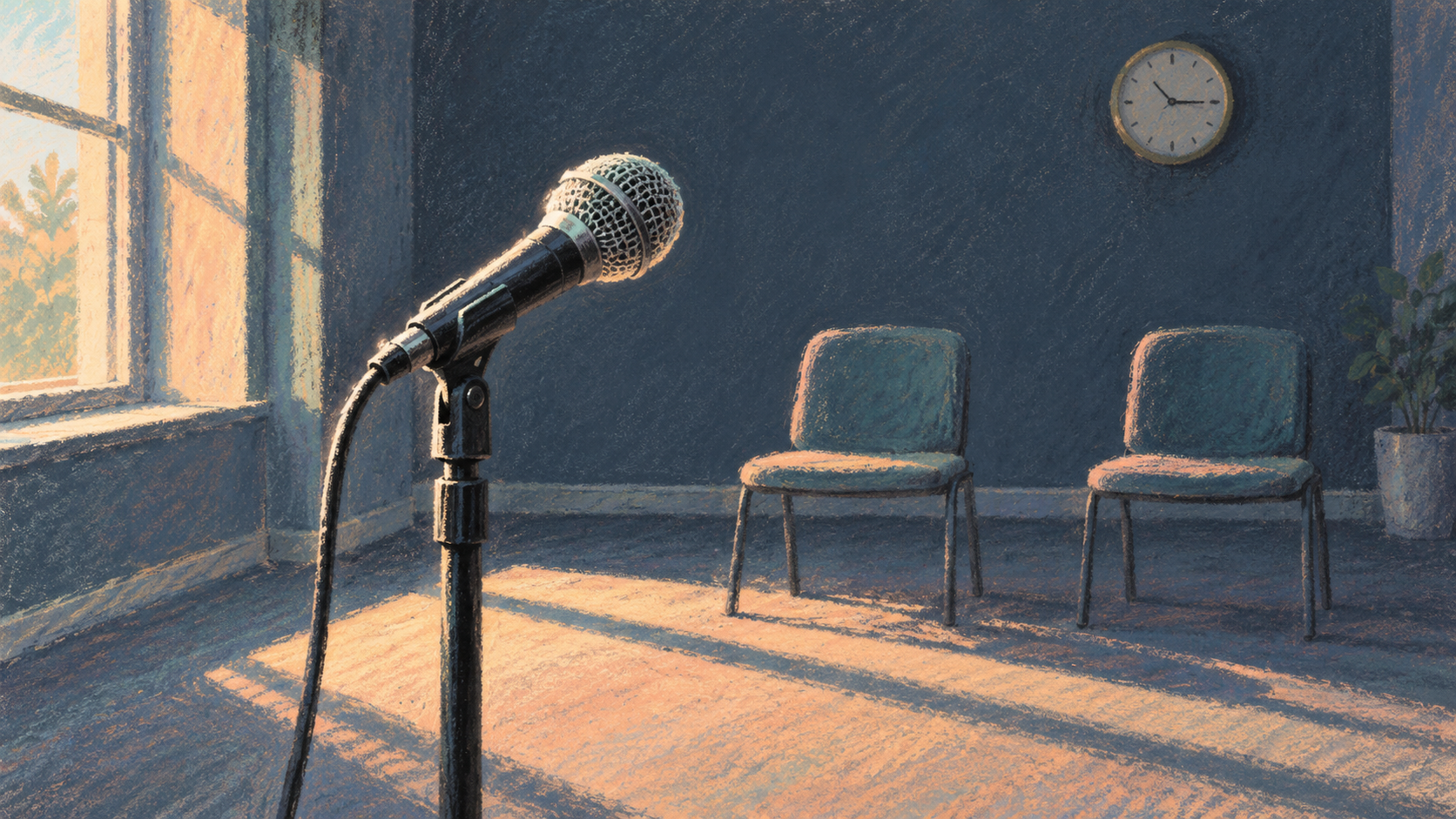 A standing microphone faces two empty chairs beneath a wall clock in a sunlit rehearsal room.