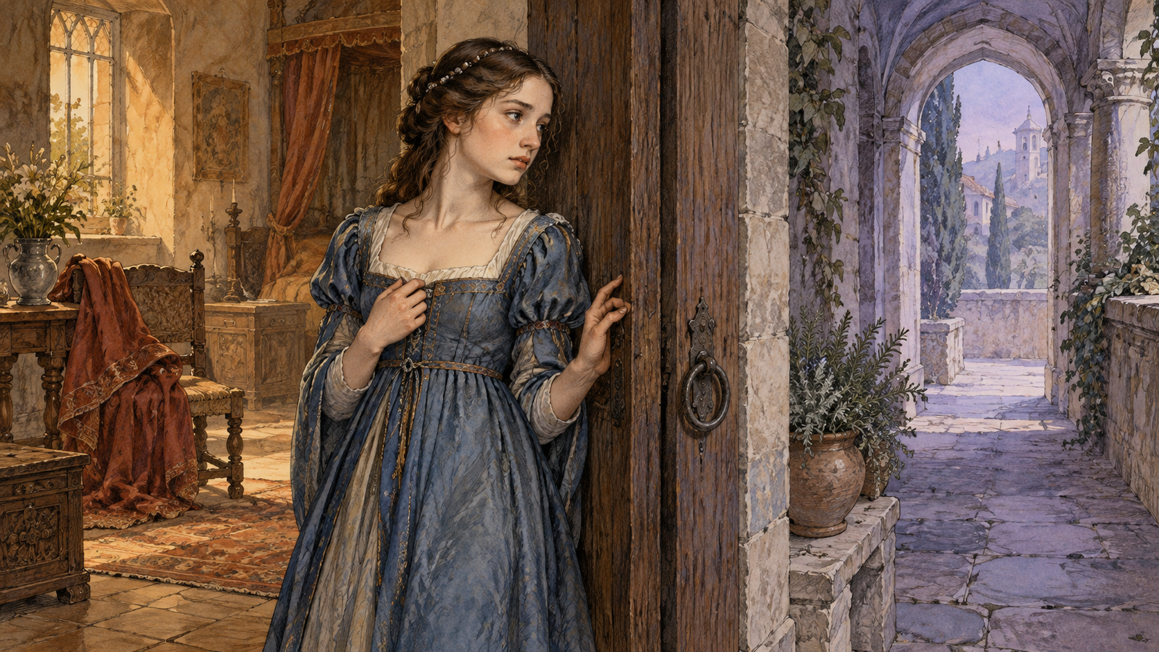 Juliet standing beside a partly closed wooden door, with a warm domestic room behind her and a cool stone passage ahead.