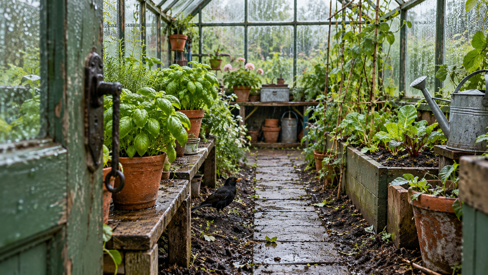 View through a rain-wet greenhouse doorway towards basil pots and a blackbird beside the path.