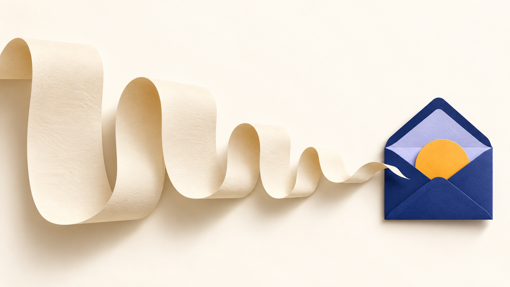 A long cream paper ribbon curling towards a navy envelope containing a warm amber circle.