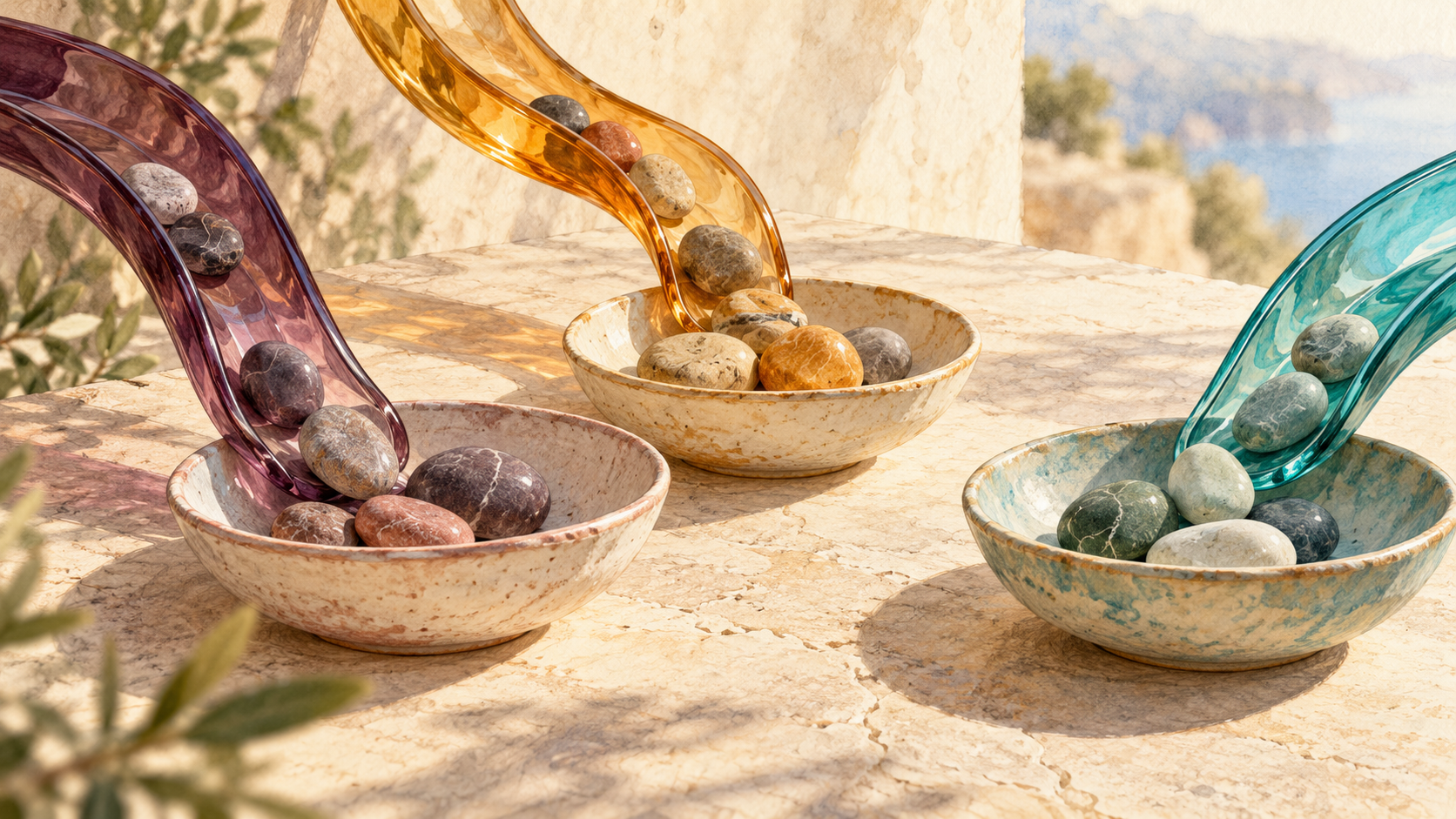 Three coloured glass channels carry smooth stones into separate shallow ceramic bowls on a pale surface.