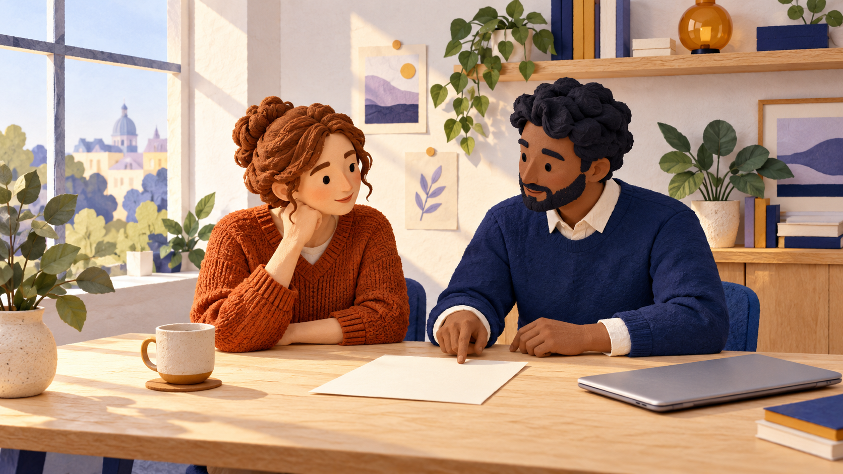 Two colleagues discussing a cream sheet at a table beside a closed laptop in a bright office.