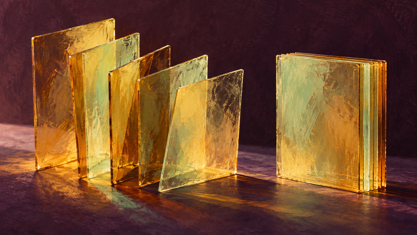 Amber and pale green glass panels stand fanned out beside an aligned stack against a plum background.