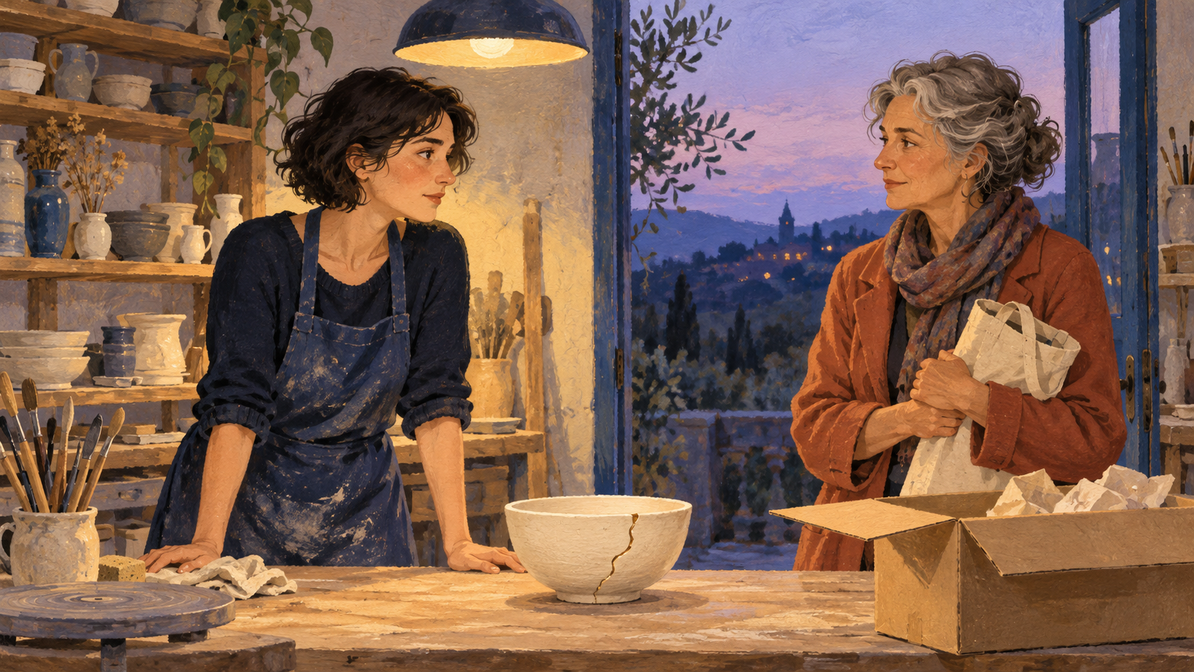 Two women facing one another across a pottery workbench with a cracked bowl and open packing box between them.