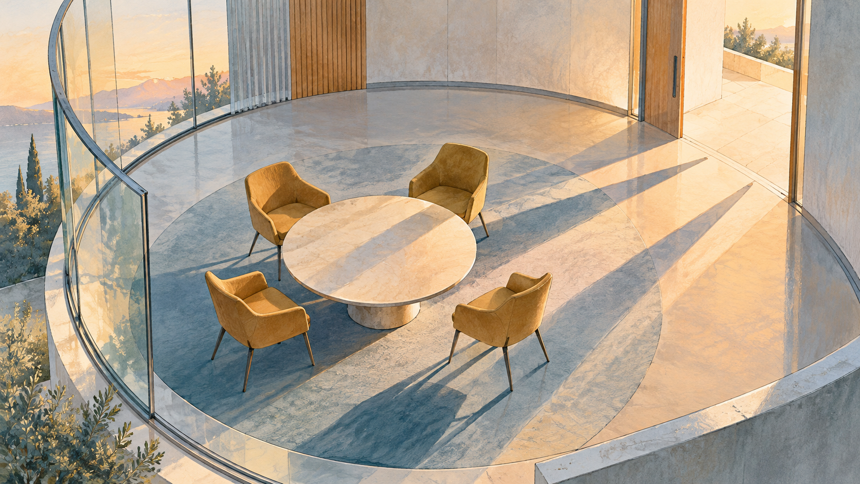 Four ochre chairs surround a round table in an empty curved glass meeting room lit by late afternoon sun.