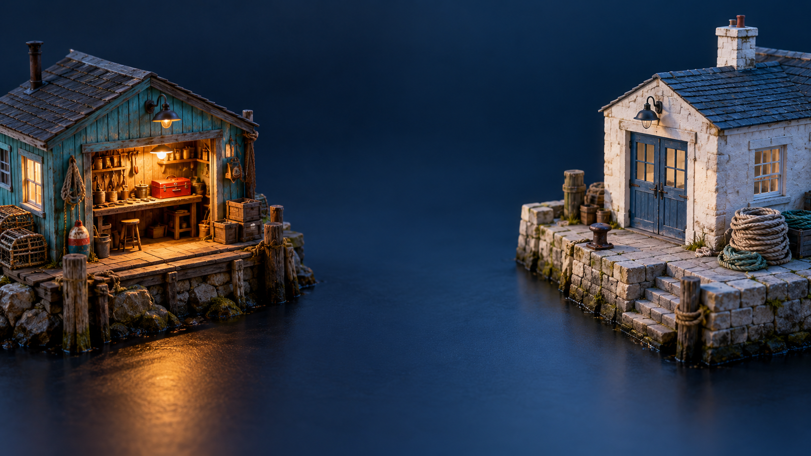 Two miniature coastal buildings, a warmly lit turquoise workshop and a pale harbour office, separated by an empty dark gap.