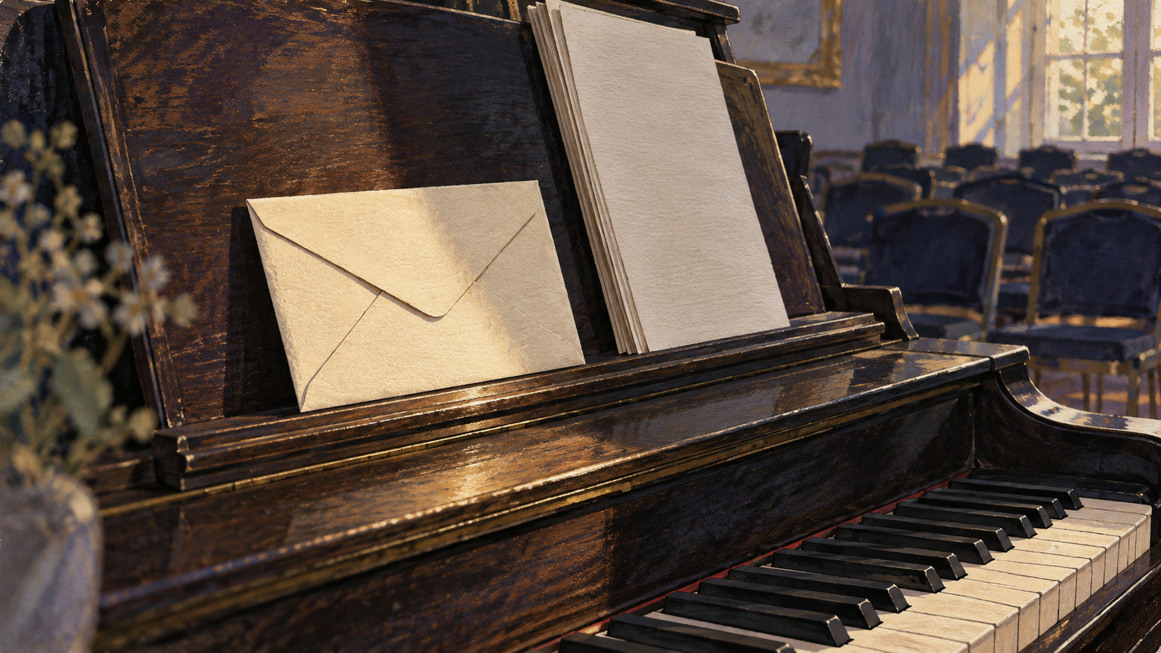 A closed cream envelope on a wooden piano's music stand, with empty concert chairs beyond.