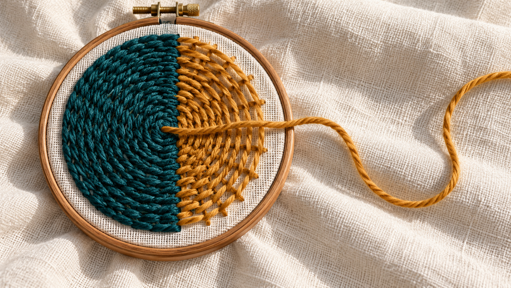 An embroidery hoop holds teal and ochre woven sections with an ochre thread trailing onto pale cloth.