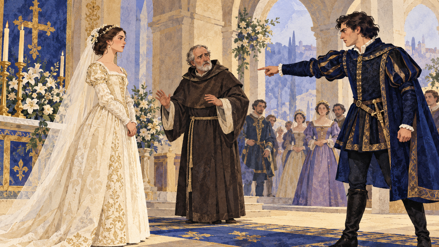A bride standing beneath a chapel arch as a nobleman addresses her, with a friar between them and guests watching.