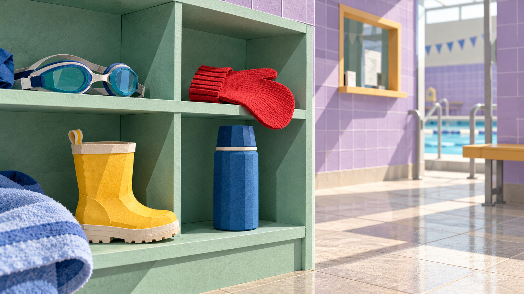 A red mitten, goggles, a yellow boot and a blue flask on mint shelves beside an empty swimming pool.