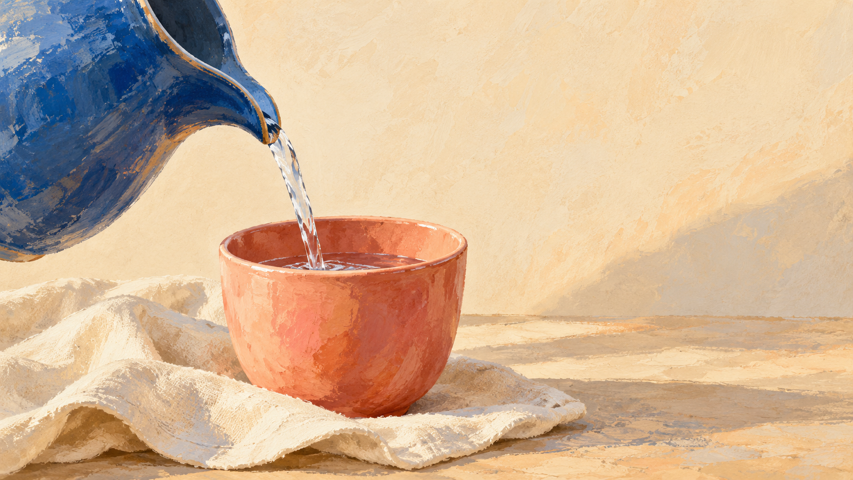 A blue ceramic jug pours a small stream of water into a coral cup on a cream cloth.