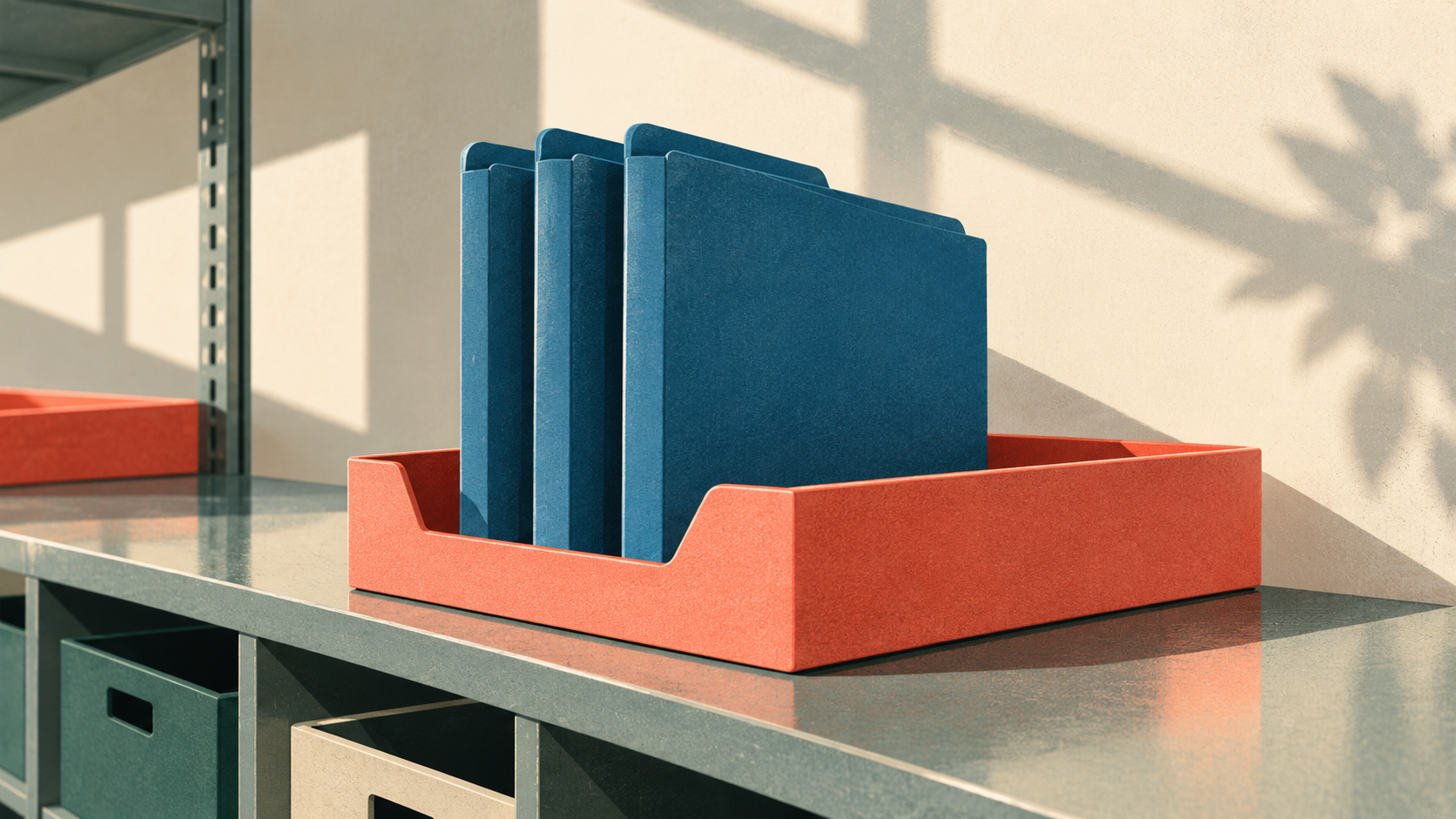 Blue folders stand in a coral tray on a dispatch shelf, with warm geometric shadows on the wall.