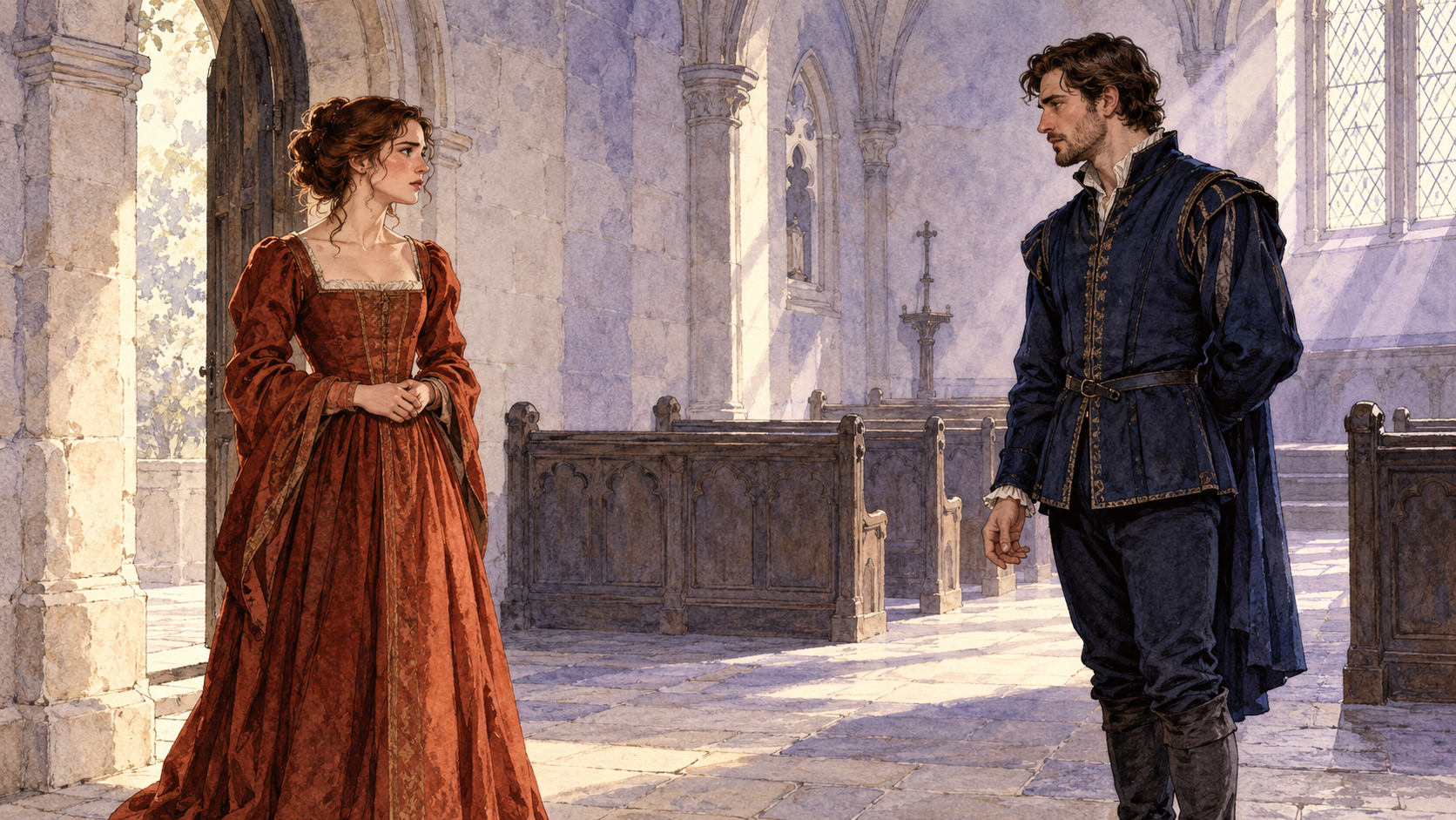 Beatrice standing resolutely near a chapel doorway as Benedick listens, with empty pews behind them.