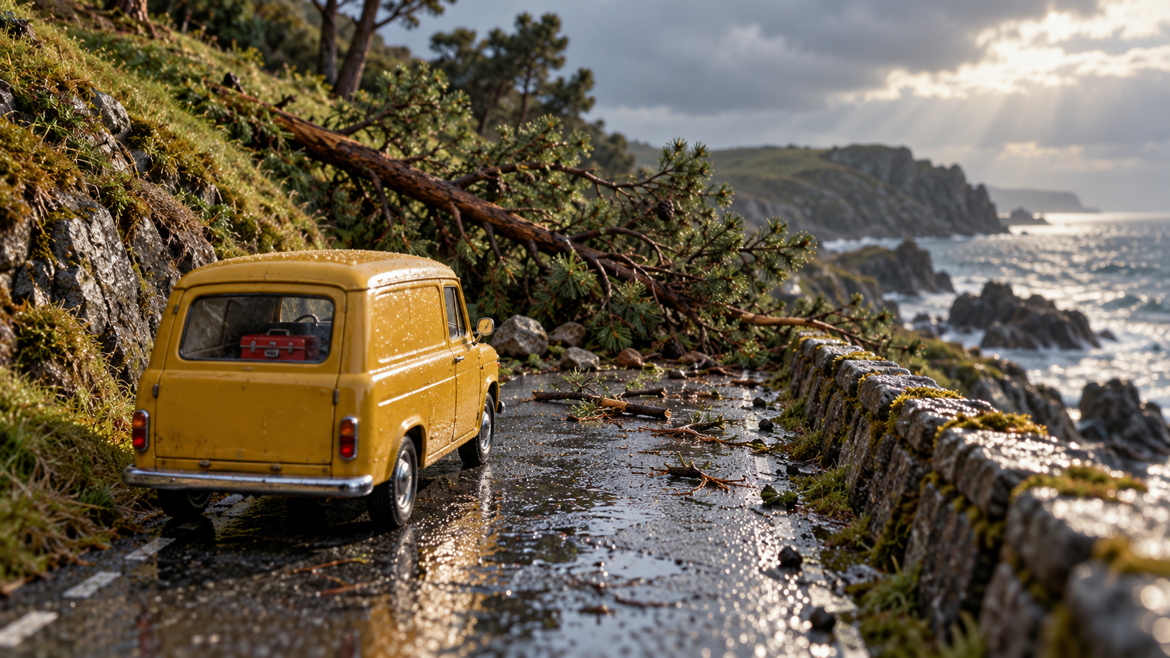 A miniature yellow van stopped before a fallen pine branch on a wet coastal road beside a stone wall.