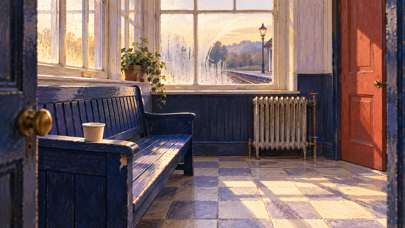 Illustration of a worn navy bench, paper cup, misted window and radiator in a railway waiting room.