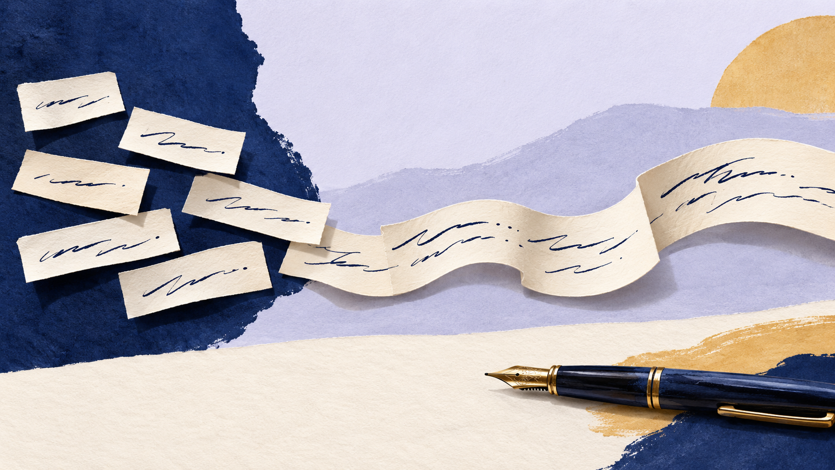 Short paper strips arranged into a flowing line beside a fountain pen on warm paper.