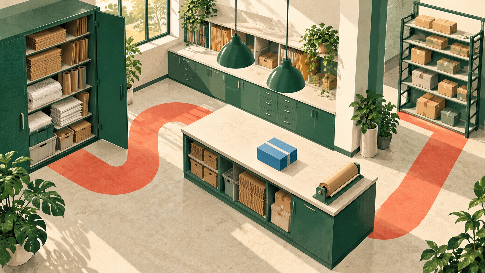 A coral floor route curves through an empty green office mailroom past a blue parcel and shelving.