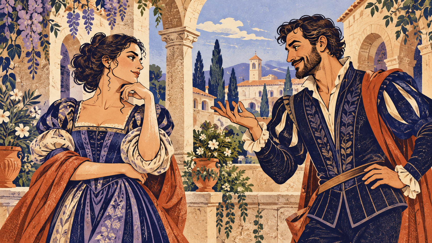 Beatrice and Benedick facing each other with amused expressions beneath stone arches in a flowering courtyard.