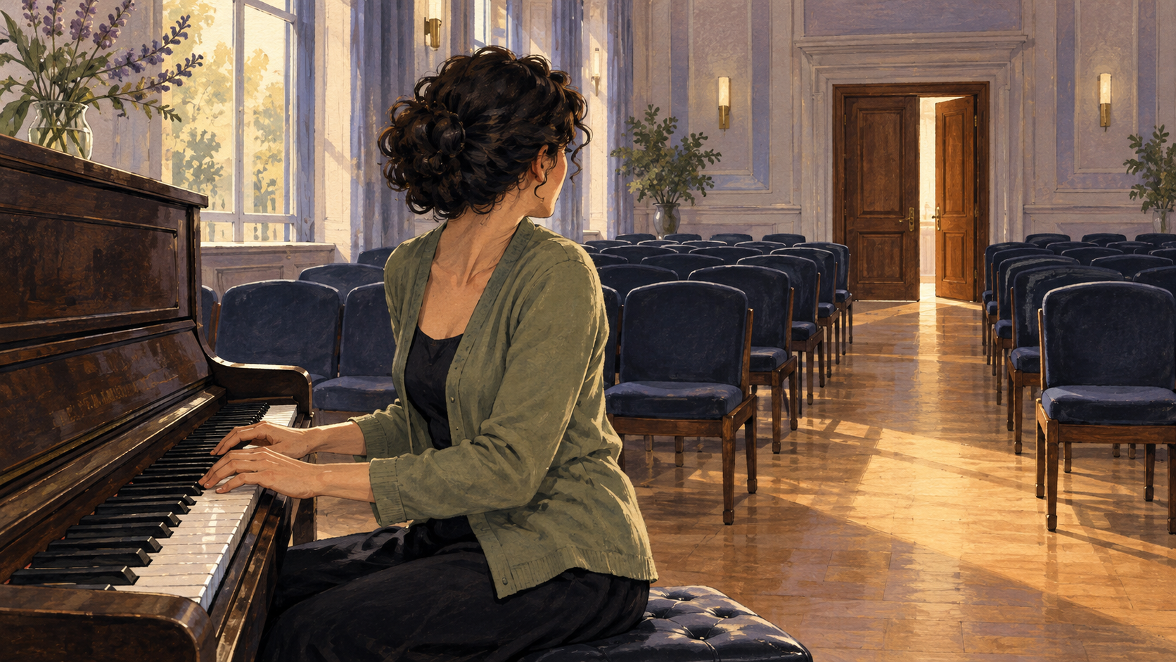 A pianist in a sage cardigan turning towards the open door at the back of a small concert hall.