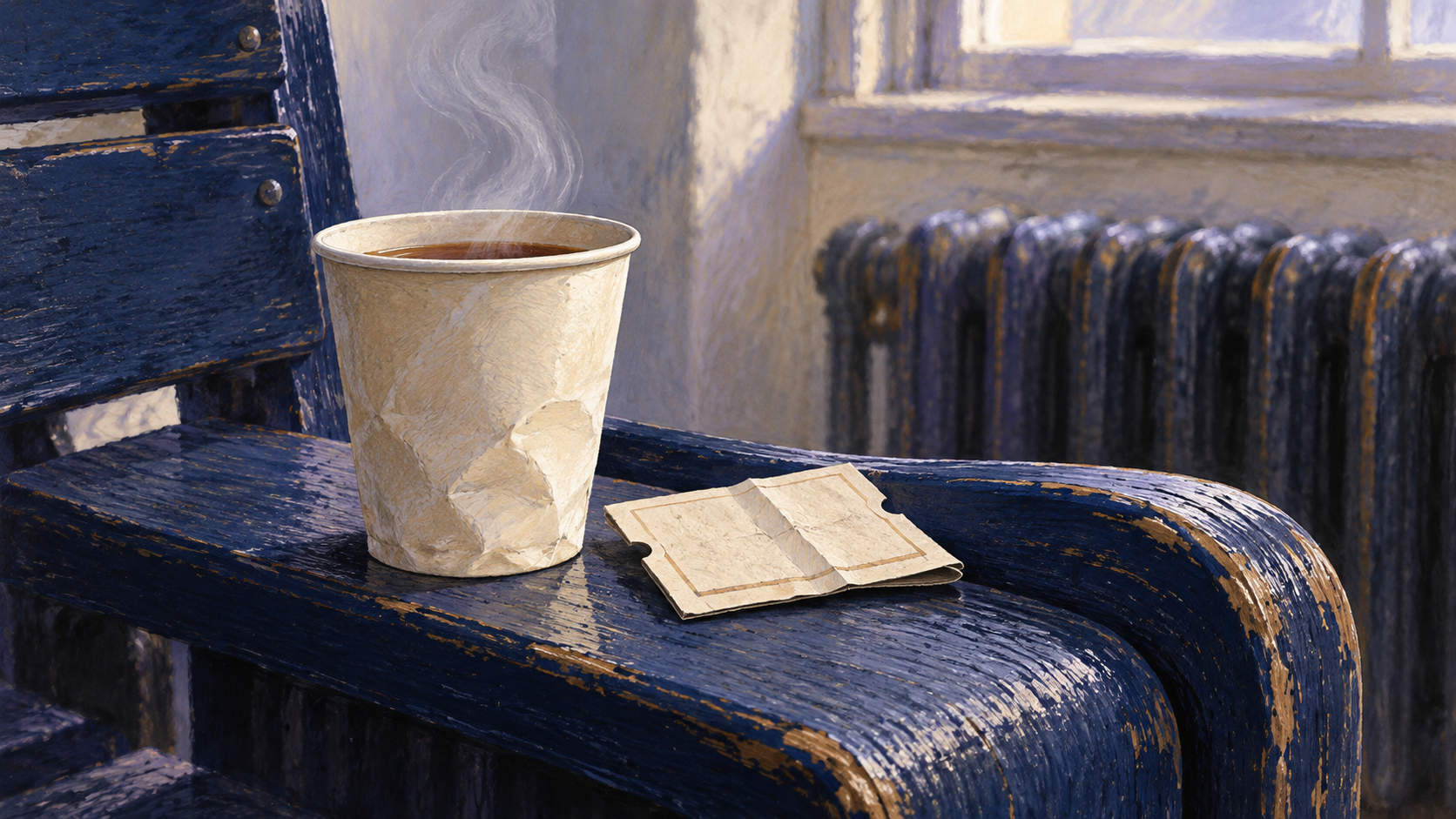 Illustration of a steaming paper cup and a folded ticket on a worn navy bench beside a radiator.