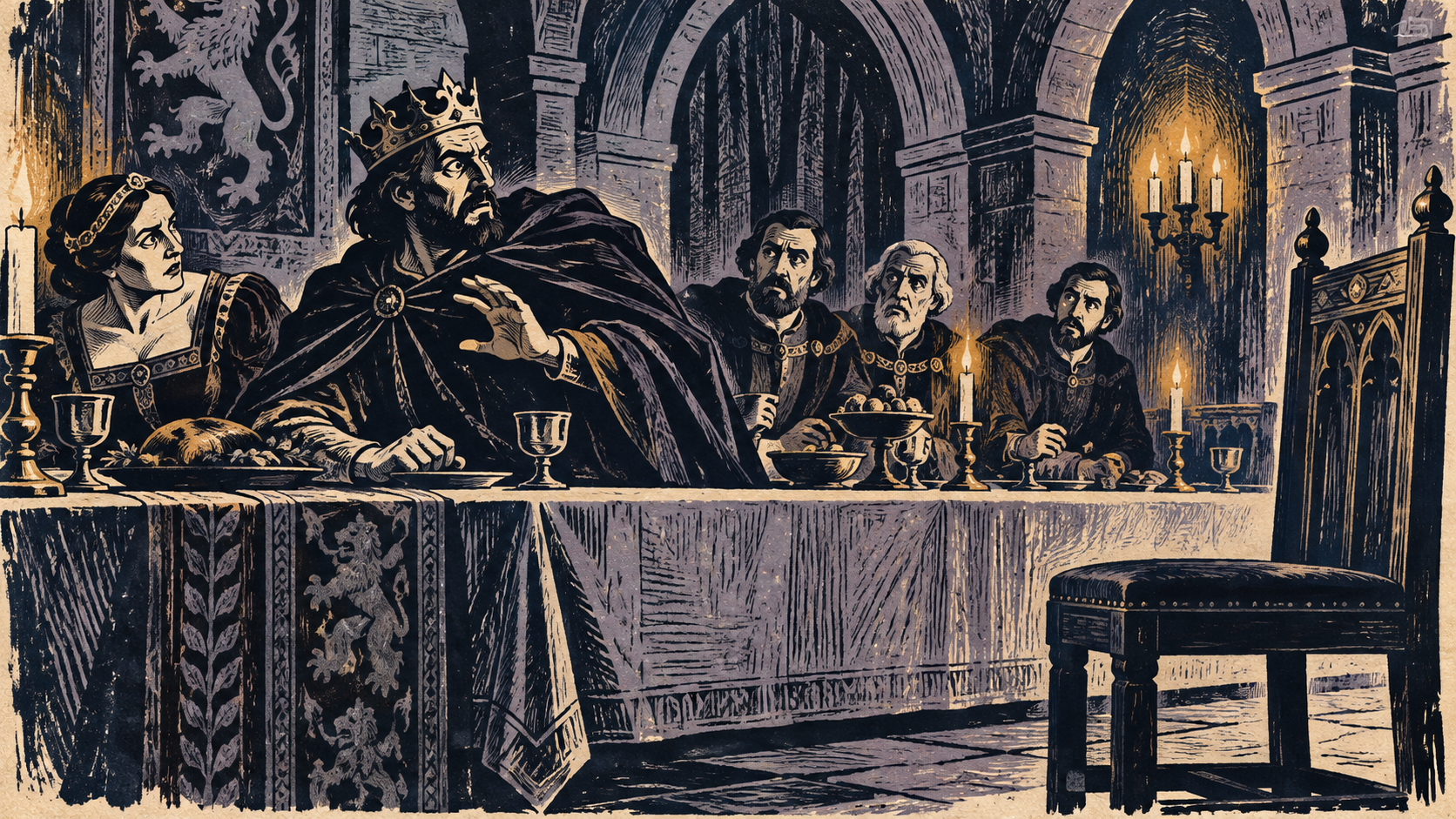 Woodcut illustration of a crowned Macbeth recoiling at a banquet beside an empty chair while Lady Macbeth and guests watch him.
