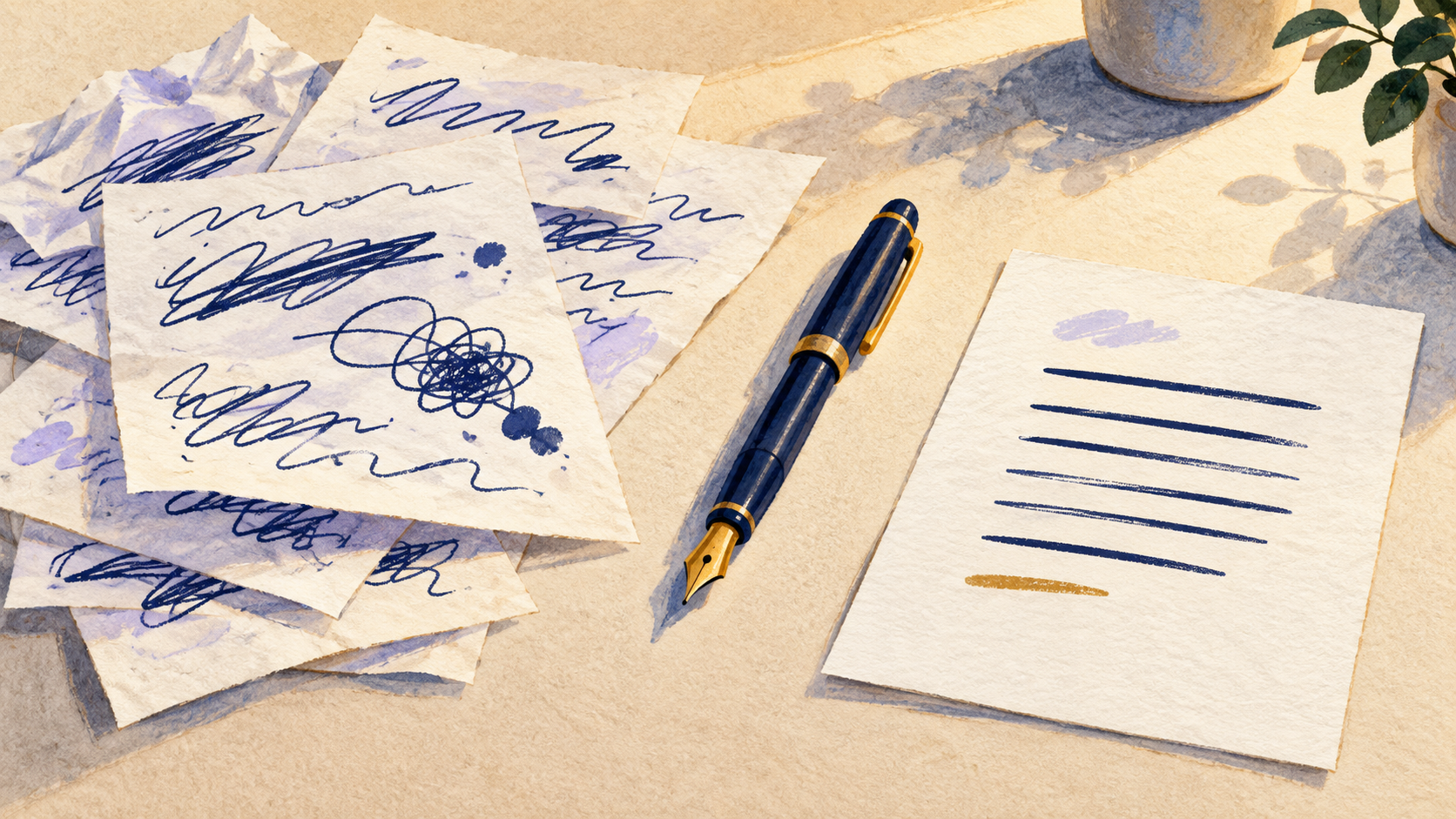 Illustration of loose marked-up sheets, a fountain pen and a neatly arranged page on a cream surface.