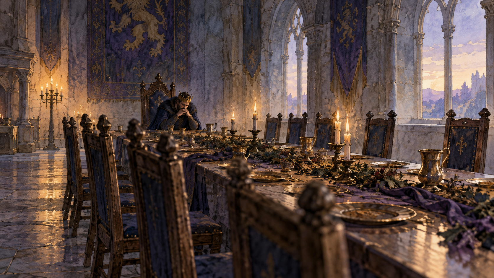 A crowned man sitting alone at the head of a long banquet table with empty chairs in a shadowed medieval hall.