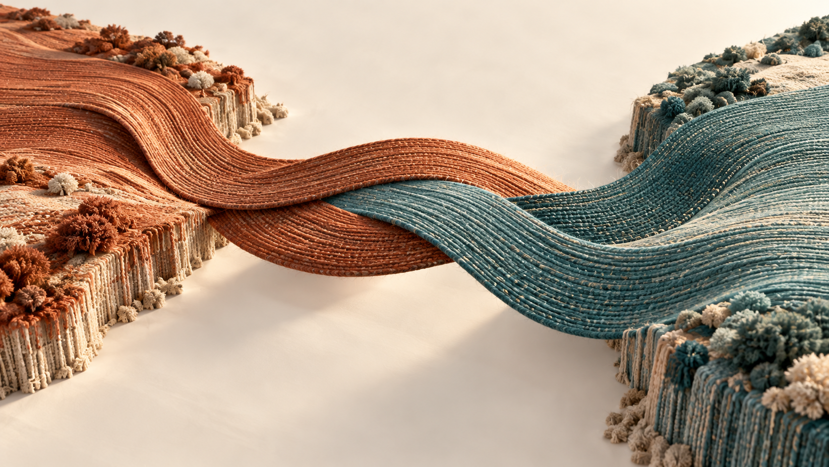 Terracotta and teal woven bands interlace across a gap between two textile banks.