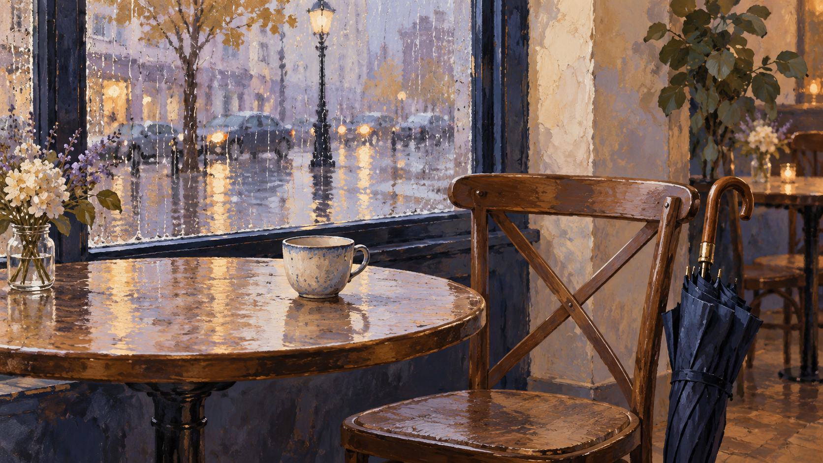 Illustration of a rain-streaked café window, an empty cup and a closed umbrella beside a chair.