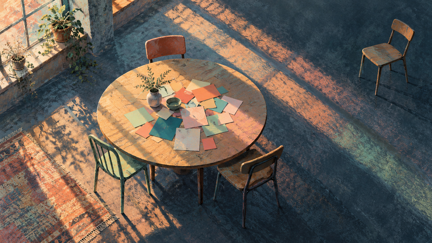 Pastel illustration of colour samples on a round workshop table, with one chair set apart in slanting sunlight.