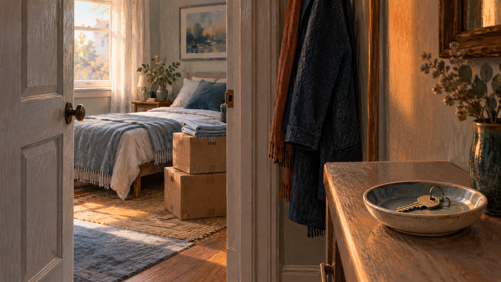 A spare bedroom seen from a hallway, with moving boxes, a folded blue blanket and a key on a dish.