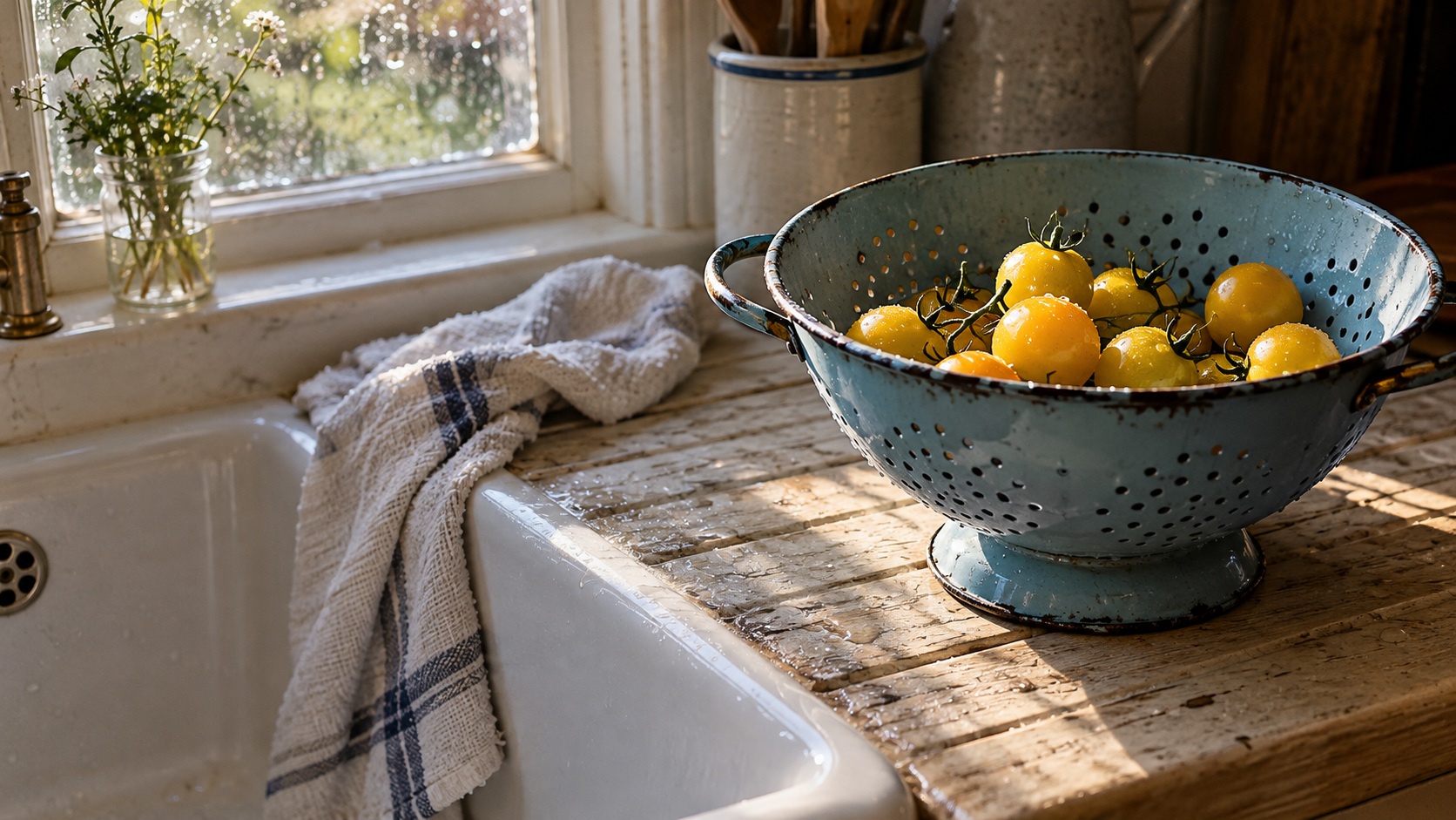 Yellow tomatoes in a chipped blue enamel colander beside a kitchen sink and a damp tea towel.