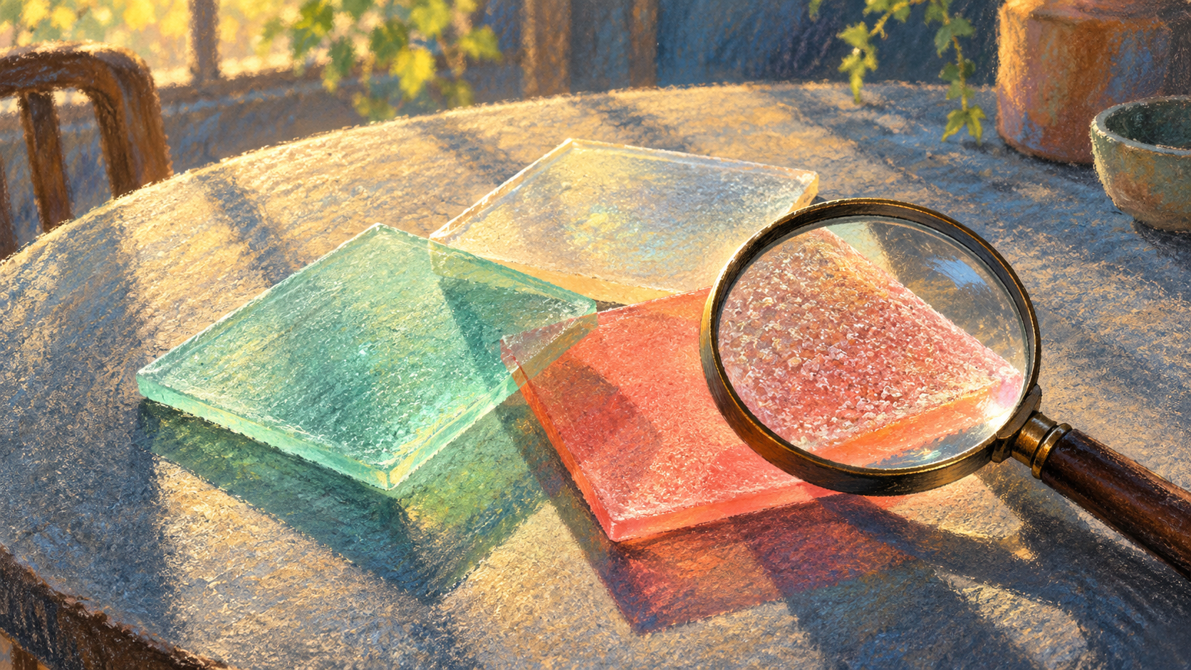 A magnifying glass enlarges the grain of a coral sample beside mint and cream tiles on a sunlit table.