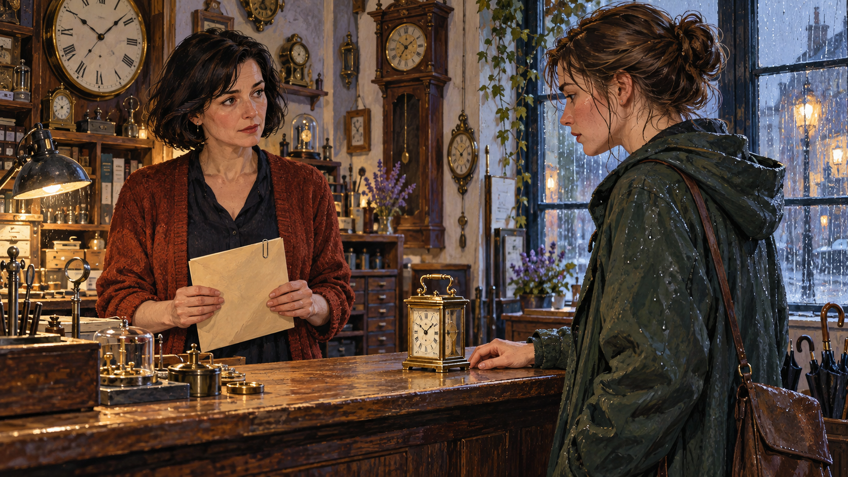 Illustration of a watch repairer holding an envelope while a customer presents a brass clock at the counter.