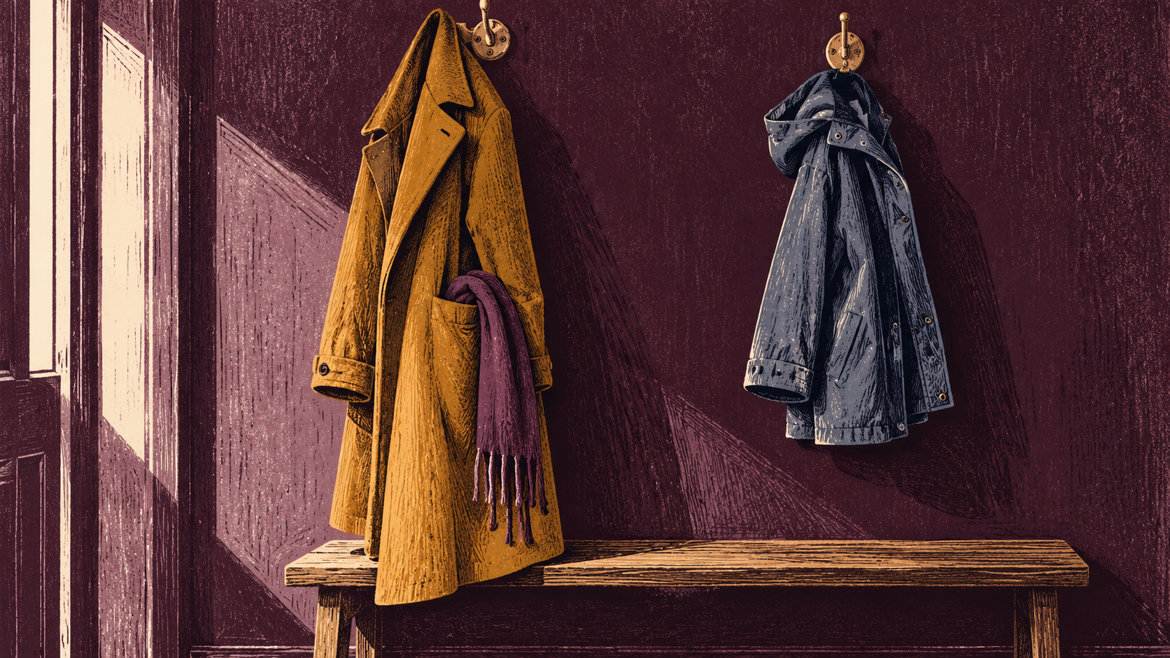 Two contrasting coats hanging in an empty plum-coloured cloakroom, with a scarf trailing from one pocket.