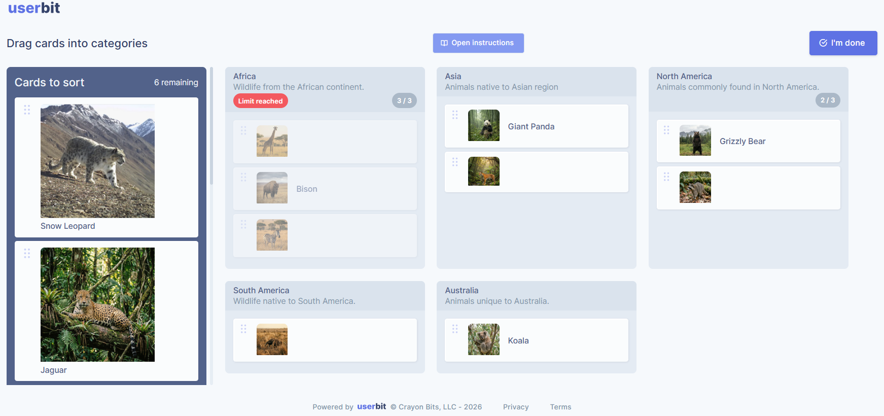 Cards with text and image for participants