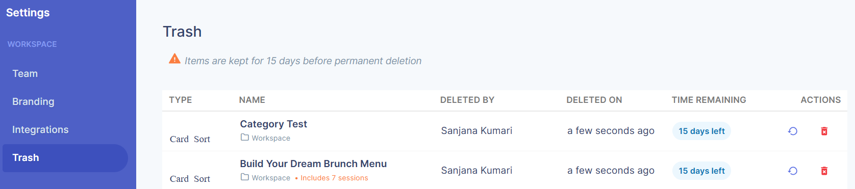 Restore or permanently delete card sort studies from trash