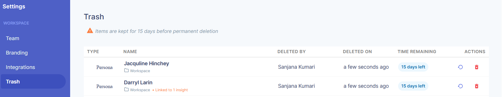 Restore or permanently delete personas from trash