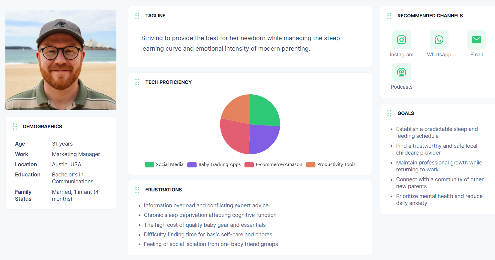 Example of a UX user persona including demographics, goals, frustrations, and behavior insights for a new parent.