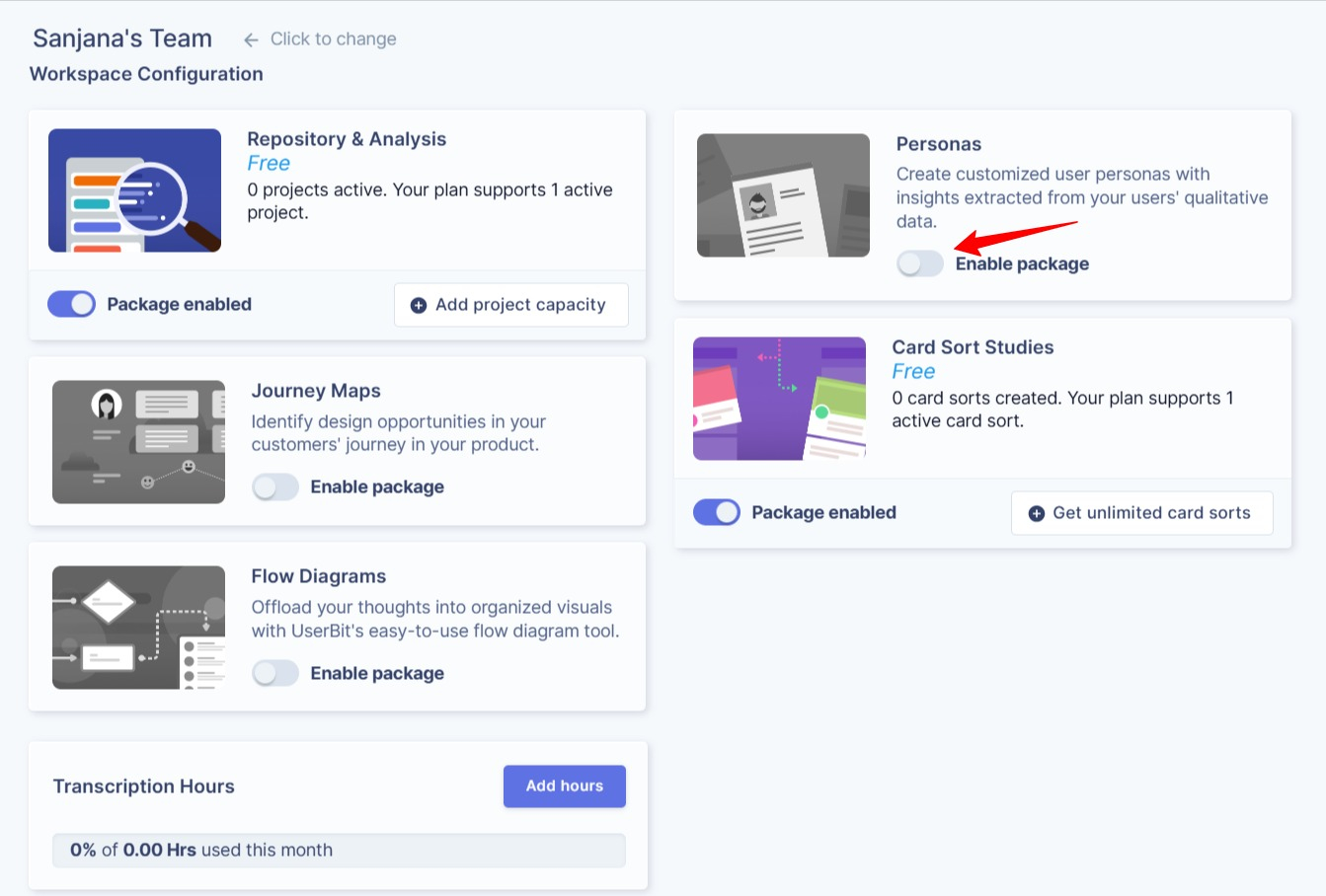 Workspace overview showing enabled or disabled packages