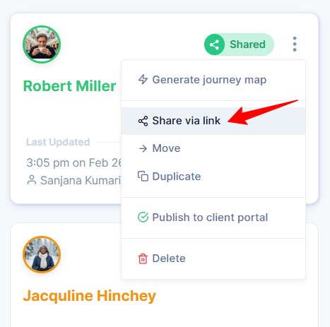 Share  via link button on the persona card