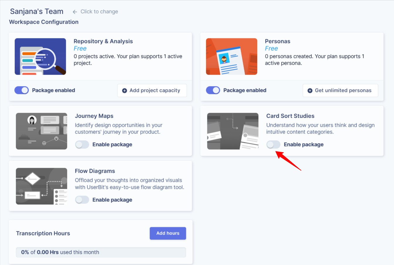 Workspace overview showing enabled or disabled packages
