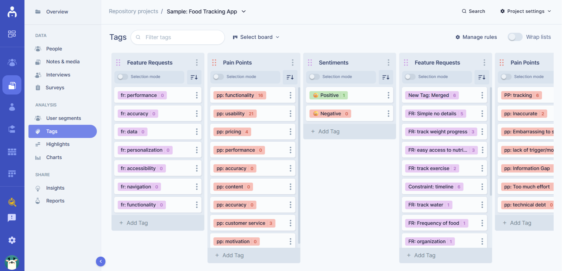 Coding qualitative data using tags for each component will speed things up