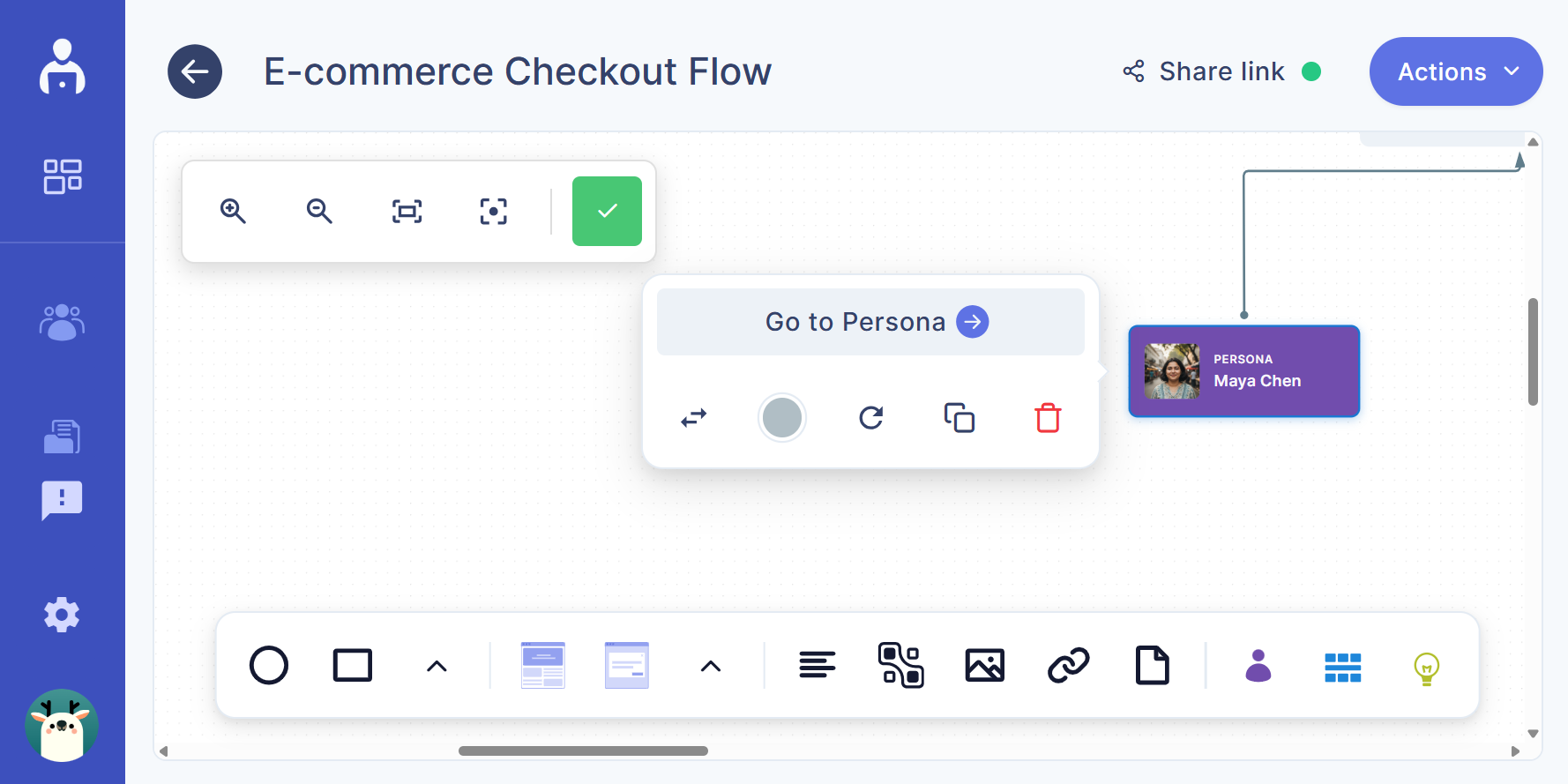Persona attached as a persona node on the canvas
