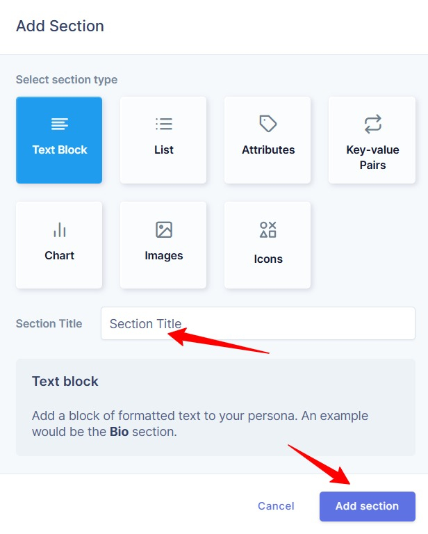 Choose from different section types and add a title 