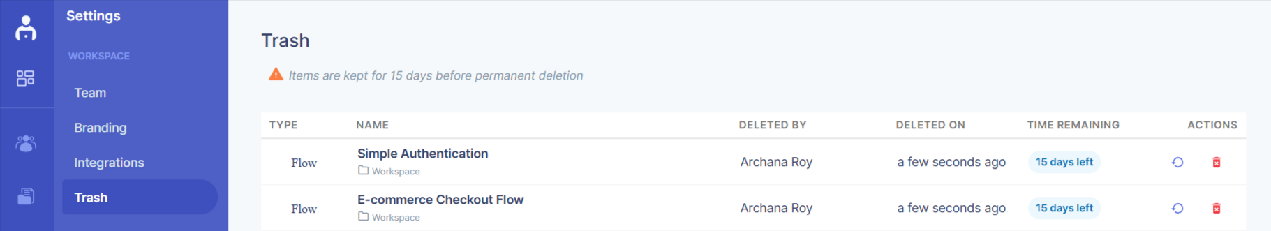 Restore or permanently delete flow diagrams from trash