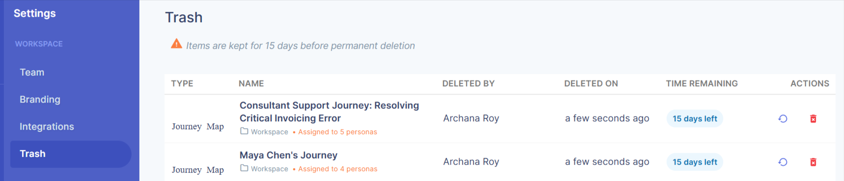 Restore or permanently delete journey maps from trash